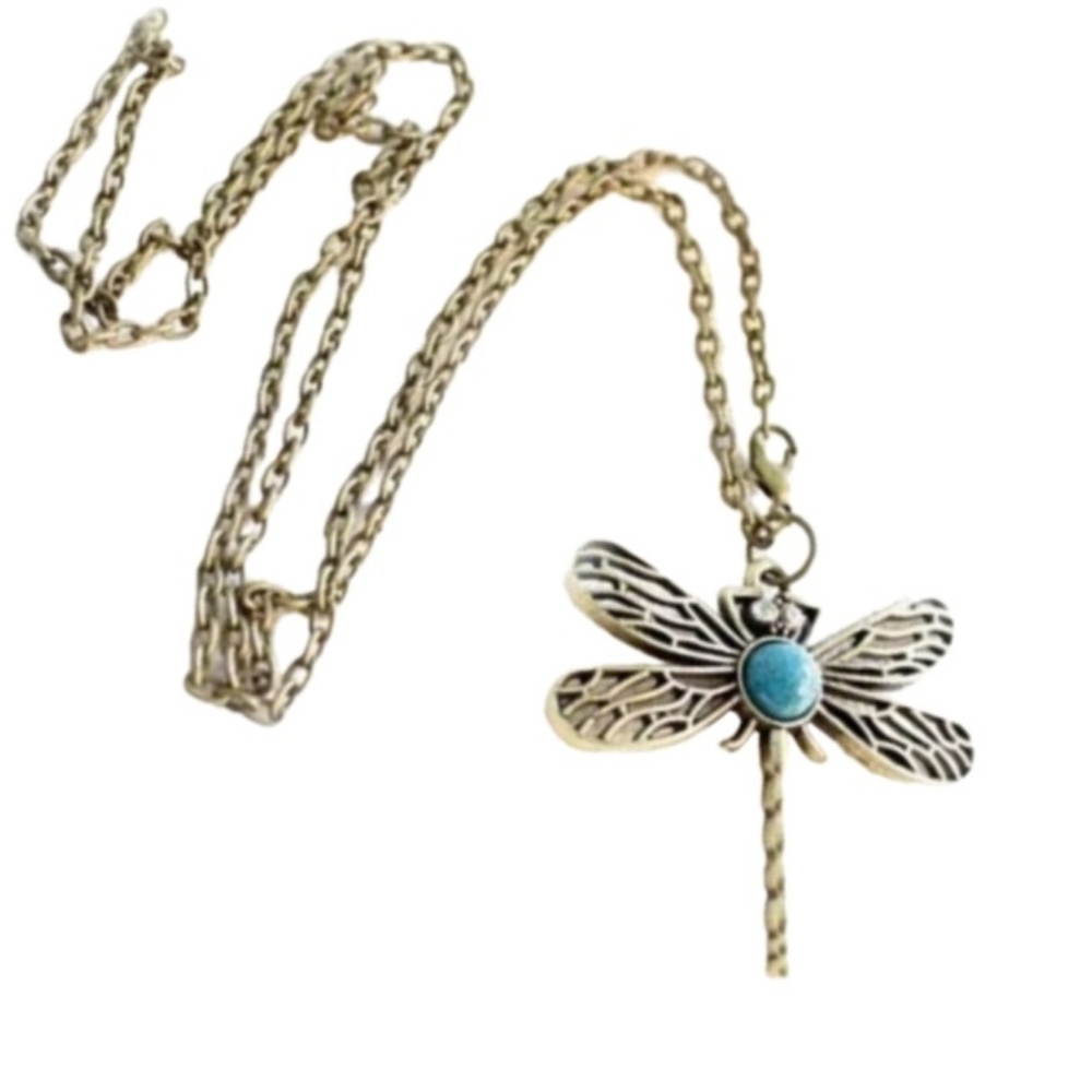 DRAGONFLY Long Chain Bronze Turquoise Sweater Necklace Retro Boho Hippie - Picture 4 of 11